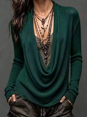 Army Green Cowl Neck Loose Fit Long Sleeve Sweater